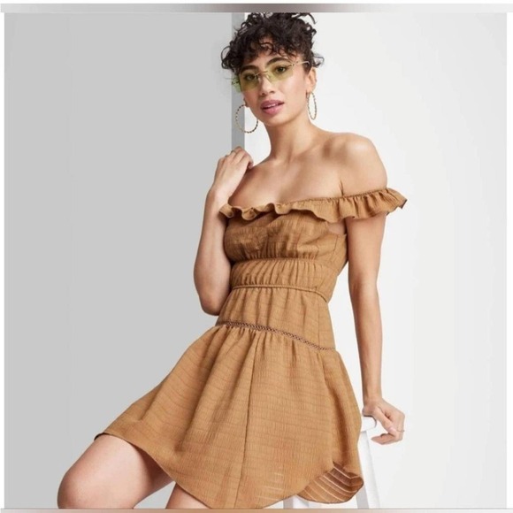 wild fable Dresses & Skirts - Wild Fable Brown Ruffle Off Shoulder Mini Dress Size M NWT Boho Cottagecore